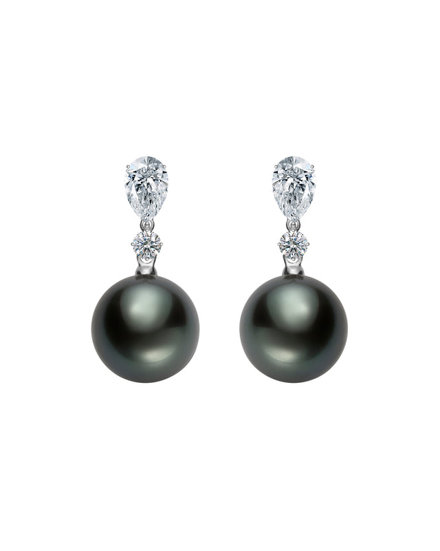 Classic Black South Sea Cultured Pearl Earrings with Diamonds Set in Platinum