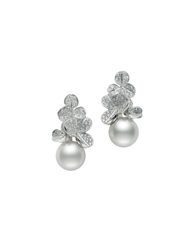 Fortune Leaves White South Sea Cultured Pearl Earrings with Diamonds Set in 18k White Gold