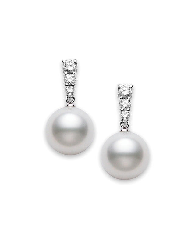 Morning Dew White South Sea Cultured Pearl Earrings with Diamonds Set in 18k White Gold