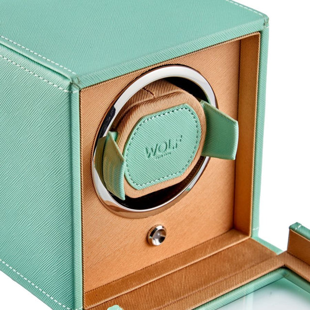WOLF Cub Seltzer Single Watch Winder with Cover Mint/Peach