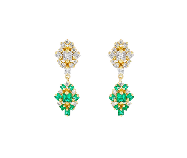 18K Yellow Gold La Fantaisie Double Star Diamond & Emerald Drop Earrings