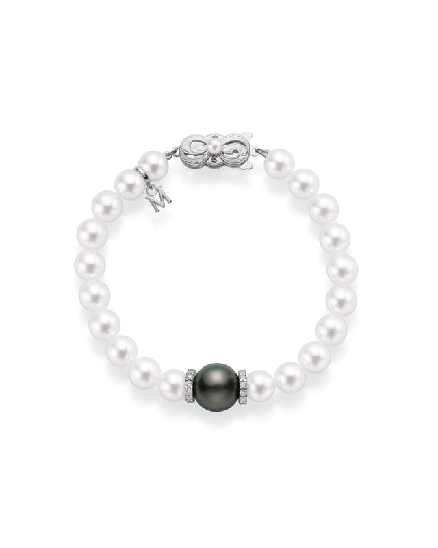 Fusion Akoya and Black South Sea Cultured Pearl Bracelet with Diamonds Set in 18k White Gold